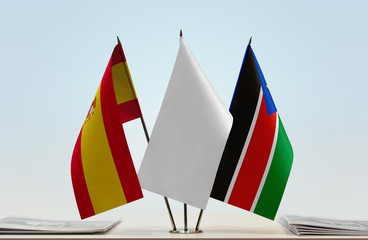 Flags of Spain and South Sudan with a white flag in the middle