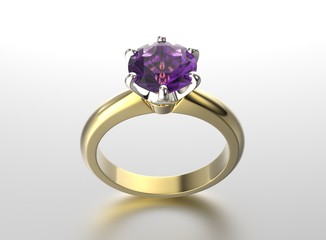3D illustration gold ring with ultra violet gemstone. Jewelry background. Fashion accessory