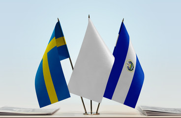 Flags of Sweden and El Salvador with a white flag in the middle