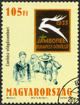 HUNGARY - 2012: shows the scouts, the world jamboree, centenary of the foundation of the Hungarian Scout Association