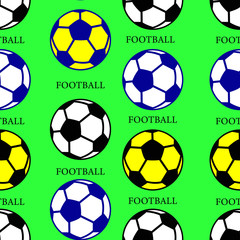 Soccer ball (black, yellow, blue), seamless pattern, silhouette on green background,