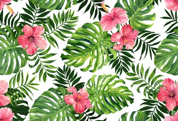 Plaid avec motif Hibiscus Modèle sans couture avec monstera et feuilles de palmier sur fond blanc. Imprimé camouflage tropical.