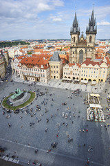 Obraz premium Old Town of Prague, Czech Republic. View on Tyn Church and Jan Hus Memorial on the square as seen from Old Town City Hall.