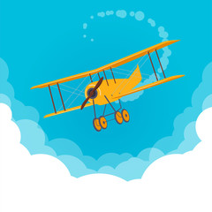 Retro biplane in the cloudy sky. Yellow airplane flying in a blue sky. Flat vector illustration © Sabina Schaaf