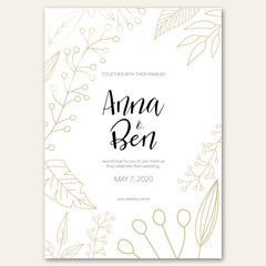 Wedding invitation with golden flowers