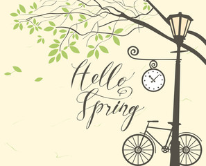 Vector banner with inscription Hello Spring. Spring landscape with green tree in the park, bicycle and Clock on the lamp post