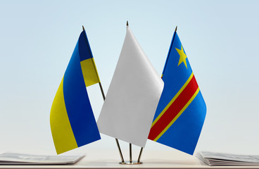 Flags of Ukraine and Democratic Republic of the Congo (DRC, DROC, Congo-Kinshasa) with a white flag...