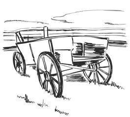 Fototapeta na wymiar Drawing old cart . Landscape sketch. Fields and harvest