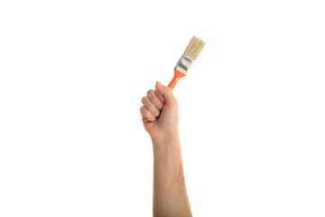 Hand holding a paint brush on white background