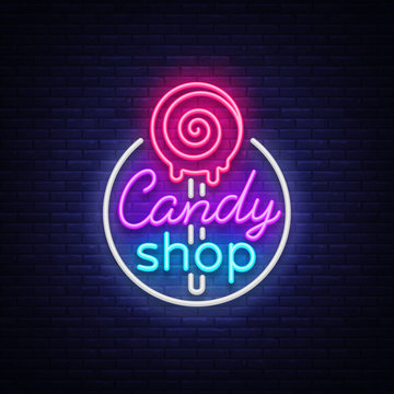 Candy Shop Logo In Neon Style. Store Sweets Neon Sign, Banner Light, Bright Neon Night Sweets Advertising. Design Template For Your Projects. Vector Illustration