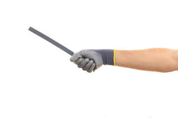 Man holding a rasp on white background