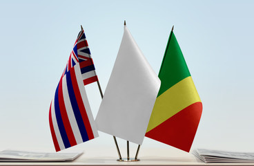 Flags of Hawaii and Republic of the Congo with a white flag in the middle