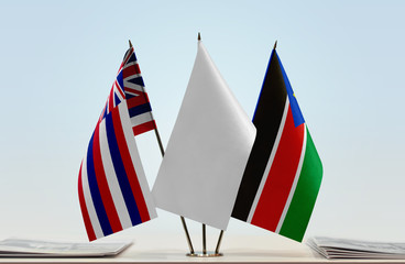 Flags of Hawaii and South Sudan with a white flag in the middle