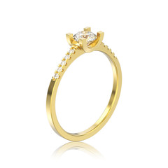 3D illustration isolated yellow gold engagement round cut shape ring with diamond with reflection