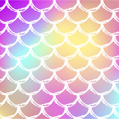 Fish skin on trendy gradient background. Square backdrop with fish skin ornament. Bright color transitions. Mermaid tail banner and invitation. Underwater and sea pattern. Rainbow colors.