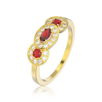 3D illustration isolated three ruby stone solitaire engagement ring with reflection
