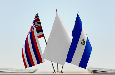 Flags of Hawaii and El Salvador with a white flag in the middle