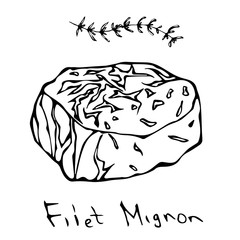 Most Popular Steak Filet Mignon. Beef Cut. Meat Guide for Butcher Shop or Steak House Restaurant Menu. Hand Drawn Illustration. Savoyar Doodle Style.
