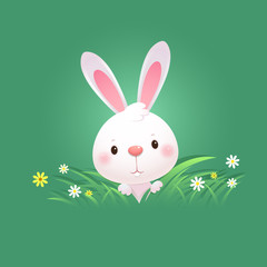Greeting card with white Easter Bunny. Cute rabbit hiding in green grass