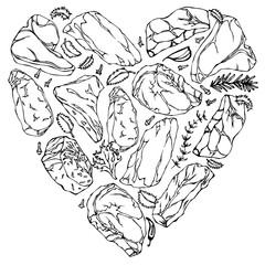 Heart of Steaks and Herbs. Love Meat. Beef Cuts. Perfect Background for Butcher Shop or Steak House Restaurant Menu. Hand Drawn Illustration. Savoyar Doodle Style.