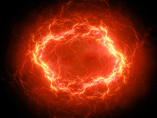 Fiery glowing spherical high energy plasma lightning in space