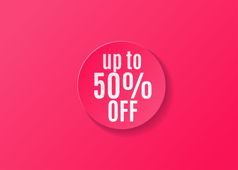 Sale sticker round shape, red color in realistic style isolated on pink