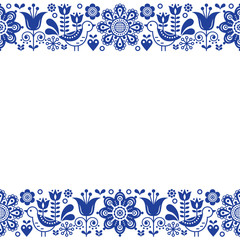 Scandinavian folk art retro vector greeting card design, floral ornament in navy blue
