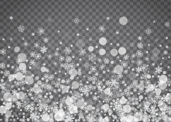 Isolated snowflakes on transparent grey background. Winter sales, Christmas and New Year design for party invitation, banner, sale. Horizontal winter window. Magic isolated snowflakes. Silver flakes