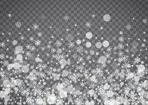 Isolated snowflakes on transparent grey background. Winter sales, Christmas and New Year design for party invitation, banner, sale. Horizontal winter window. Magic isolated snowflakes. Silver flakes © Holo Art
