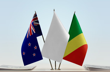 Flags of New Zealand and Republic of the Congo with a white flag in the middle