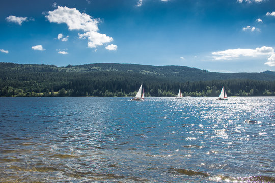 Segelboote auf dem Schluchsee bei traumhaftem Wetter