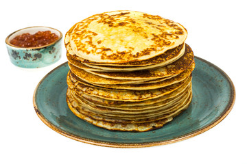 Fresh delicious pancakes with red caviar