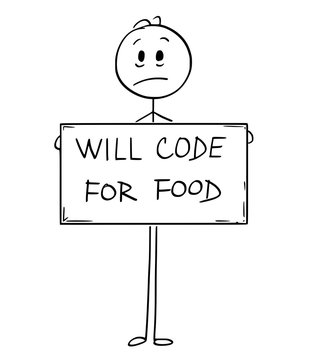Cartoon stick man drawing conceptual illustration of sad hungry unemployed man or businessman holding large will code for food sign.