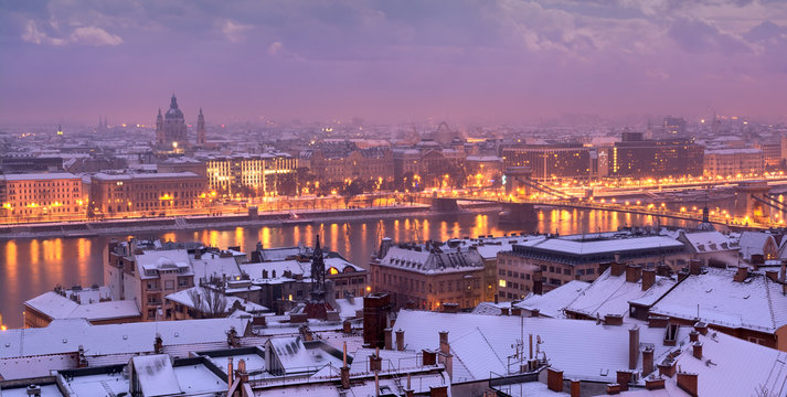 Budapest city in snow, Danube river, St. Stephen's Basilica