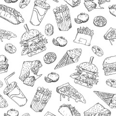 Seamless vector sketch background, retro illustration. Wallpaper, backdrop, texture, pattern. Template for menu, packaging, advertising, web design, printing. hand drawn fast food.