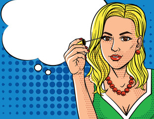 Vector illustration in pop art style of womens doing makeup. Fashionable woman holding mascara brush in her hand