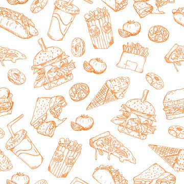 Seamless vector sketch background, retro illustration. Wallpaper, backdrop, texture, pattern. Template for menu, packaging, advertising, web design, printing. hand drawn fast food.