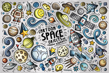 Naklejka premium Doodle cartoon set of SPACE theme objects and symbols