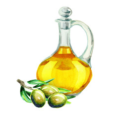 Jar with olive oil. Watercolor hand drawn illustration, isolated on white background