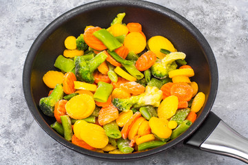 Frozen mix of vegetables in frying pan