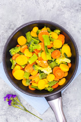 Frozen mix of vegetables in frying pan