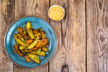 Baked vegetables, potatoes and pumpkin with herbs and spices