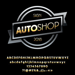 Vector Golden and Silver Logo for Motorbike and Auto Shop. Set of Golden Alphabet Letters, Numbers and Symbols