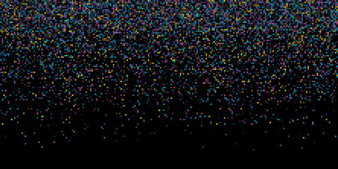 Rain from squared random placed pixels. Neural training conception. Falling information parts. Digital gradient from pixels mosaic. Abstract technologycal colorful background. Vector illustration