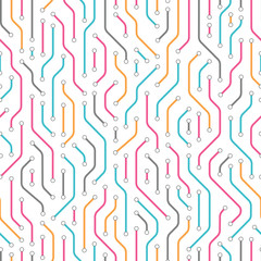 Technology seamless pattern from colored lines connections. Abstract information connectivity background. IT-development conception. Neural structure. Vector illustration