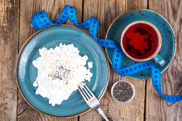 Dairy products. Curd with chia seeds. The concept of healthy diet
