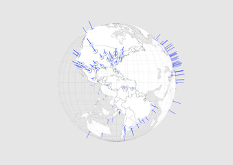 White world globe Americas map 3D illustration with blue graphic cities on white background with.