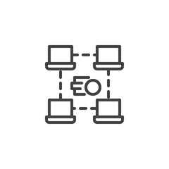 Money coins and computer network outline icon. linear style sign for mobile concept and web design. Virtual money internet transfer simple line vector icon. Symbol, logo illustration.