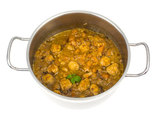 Casserole thick vegetable soup with lentils and meatballs