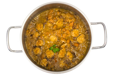 Casserole thick vegetable soup with lentils and meatballs
